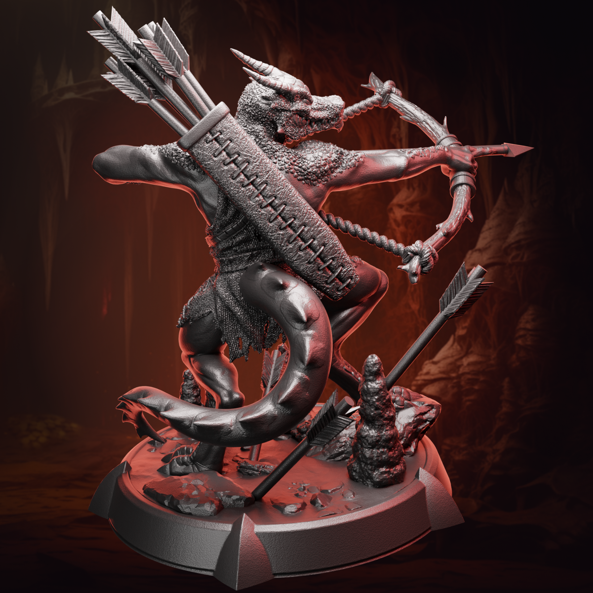 Back view of the Kobold Archer miniature displaying quiver, tail, and armor details for tabletop use or display.