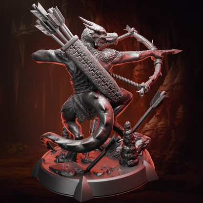 Back view of the Kobold Archer miniature displaying quiver, tail, and armor details for tabletop use or display.