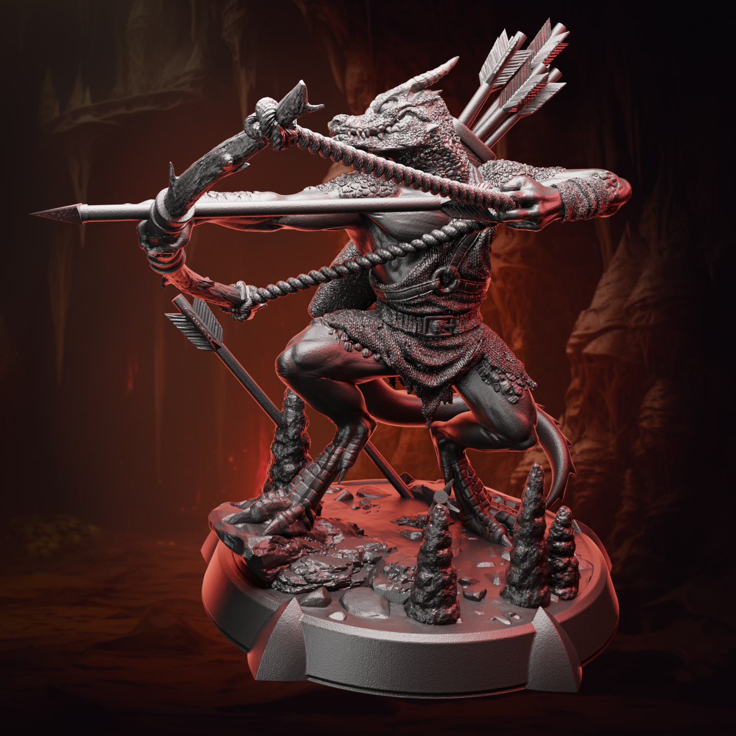 Front view of the Kobold Archer miniature showing detailed scales, quiver, and dynamic archer stance, perfect for painting and gameplay.
