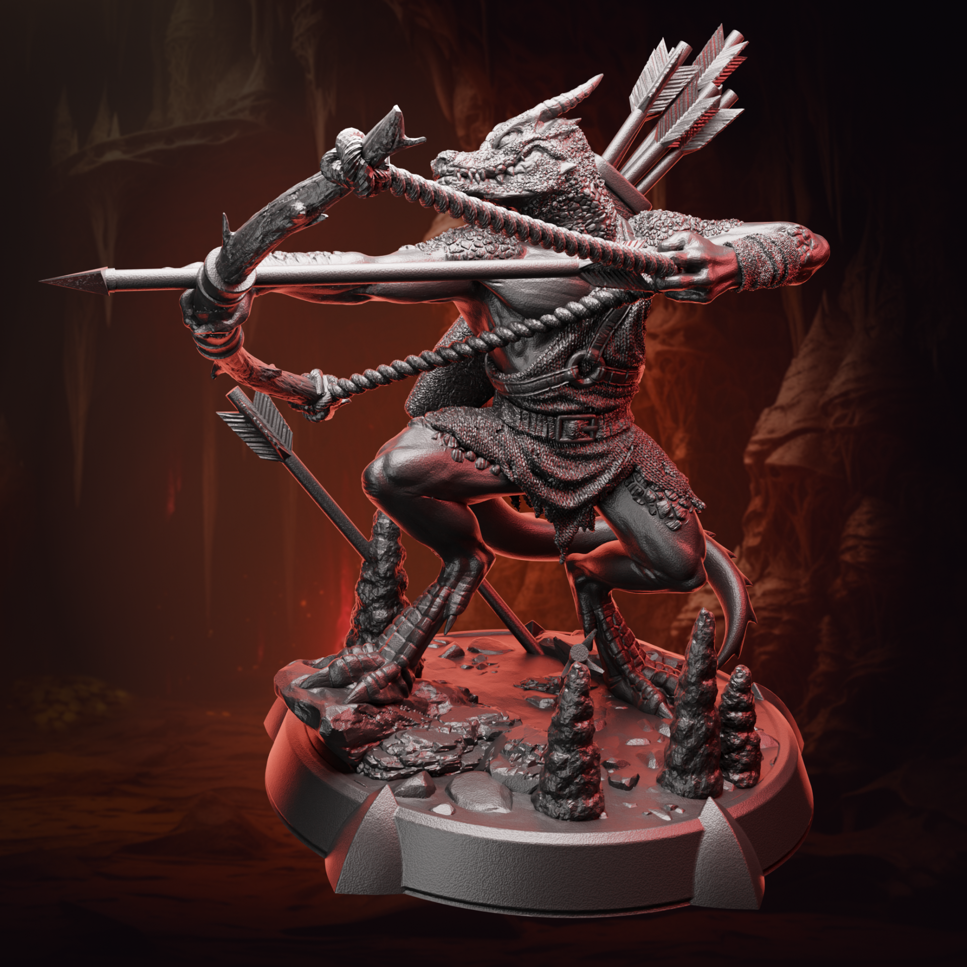 Front view of the Kobold Archer miniature showing detailed scales, quiver, and dynamic archer stance, perfect for painting and gameplay.