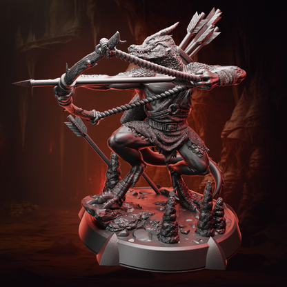 Front view of the Kobold Archer miniature showing detailed scales, quiver, and dynamic archer stance, perfect for painting and gameplay.