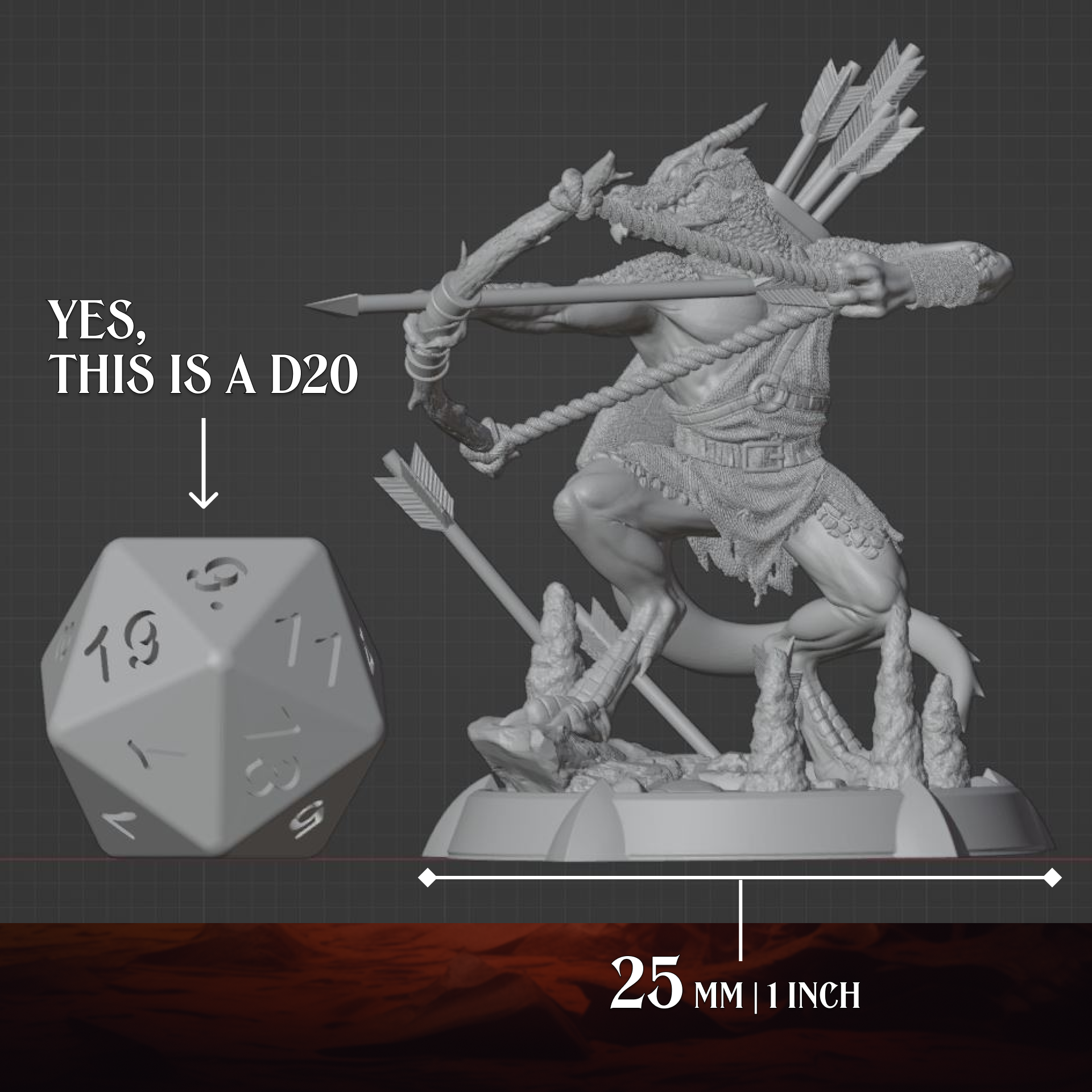 Kobold Archerminiature displayed beside a D20 for scale reference, shown on a 25mm base.