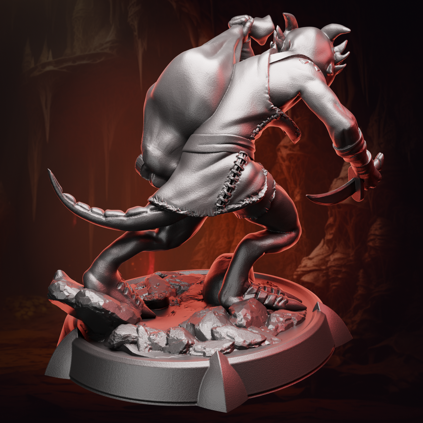 Back view of Kobold Rogue miniature highlighting the sack of coins and tail detail.