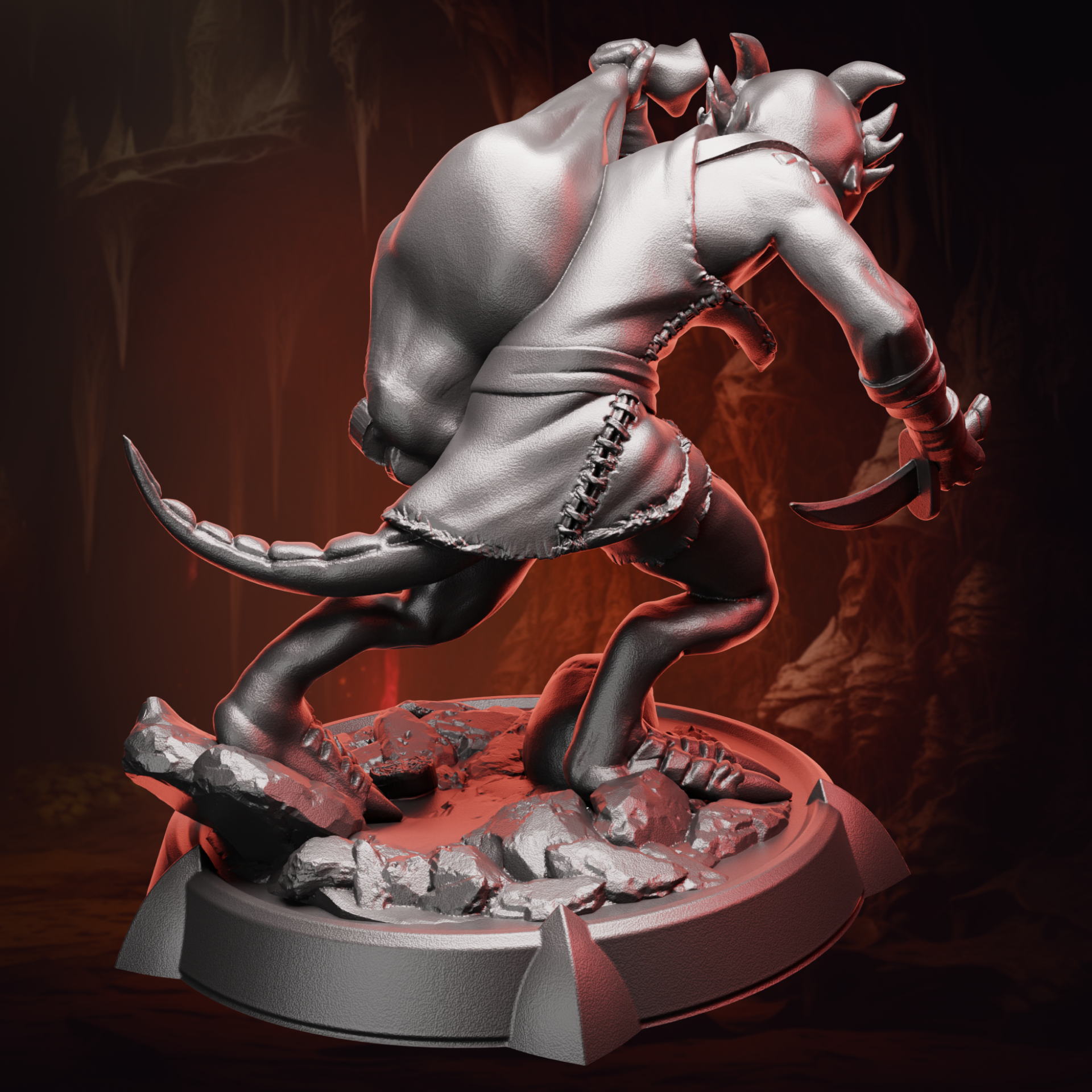 Back view of Kobold Rogue miniature highlighting the sack of coins and tail detail.
