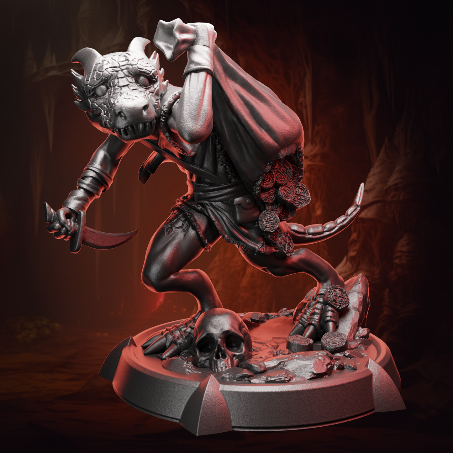 Front view of Kobold Rogue miniature showing detailed scales, dagger, and armor for tabletop play.