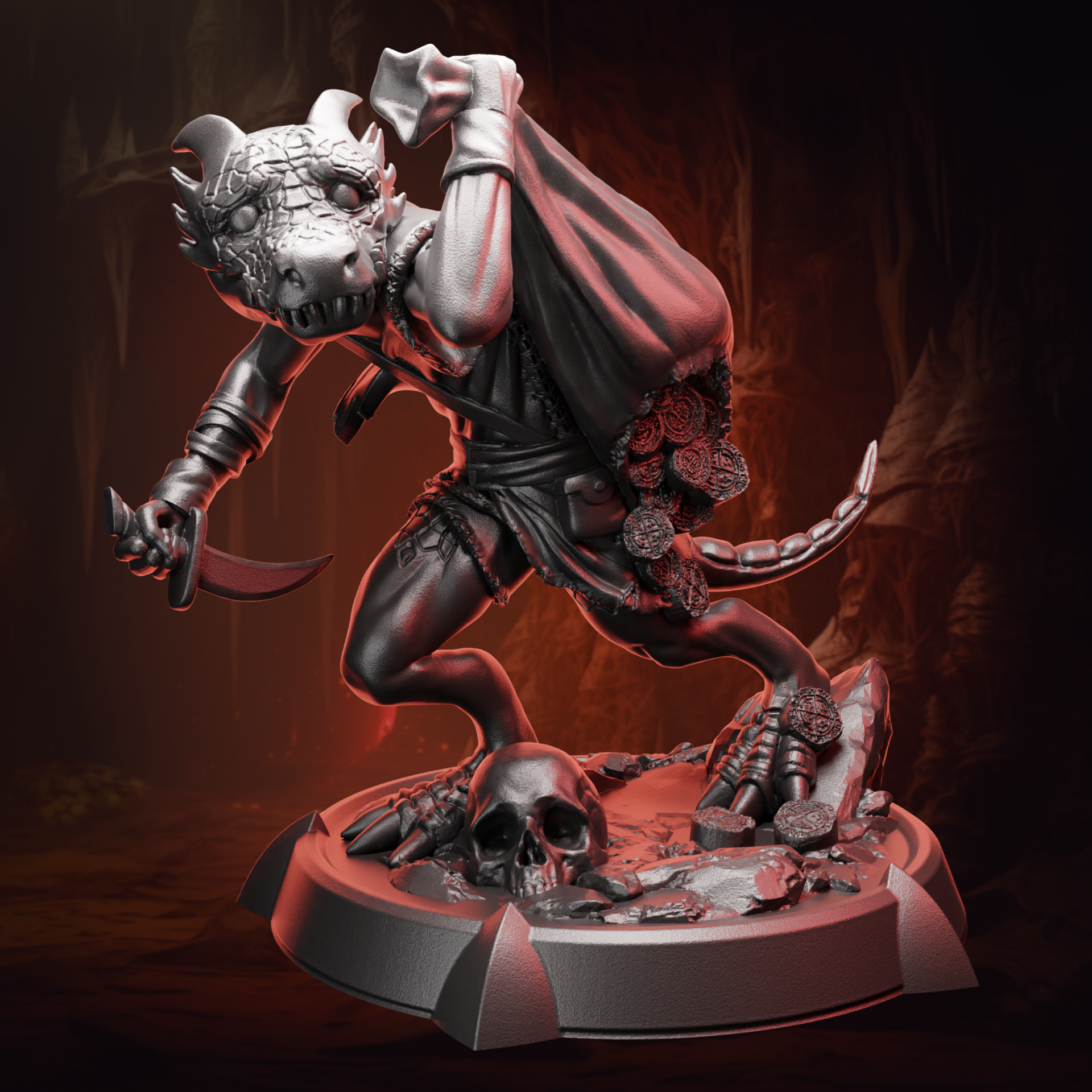 Front view of Kobold Rogue miniature showing detailed scales, dagger, and armor for tabletop play.
