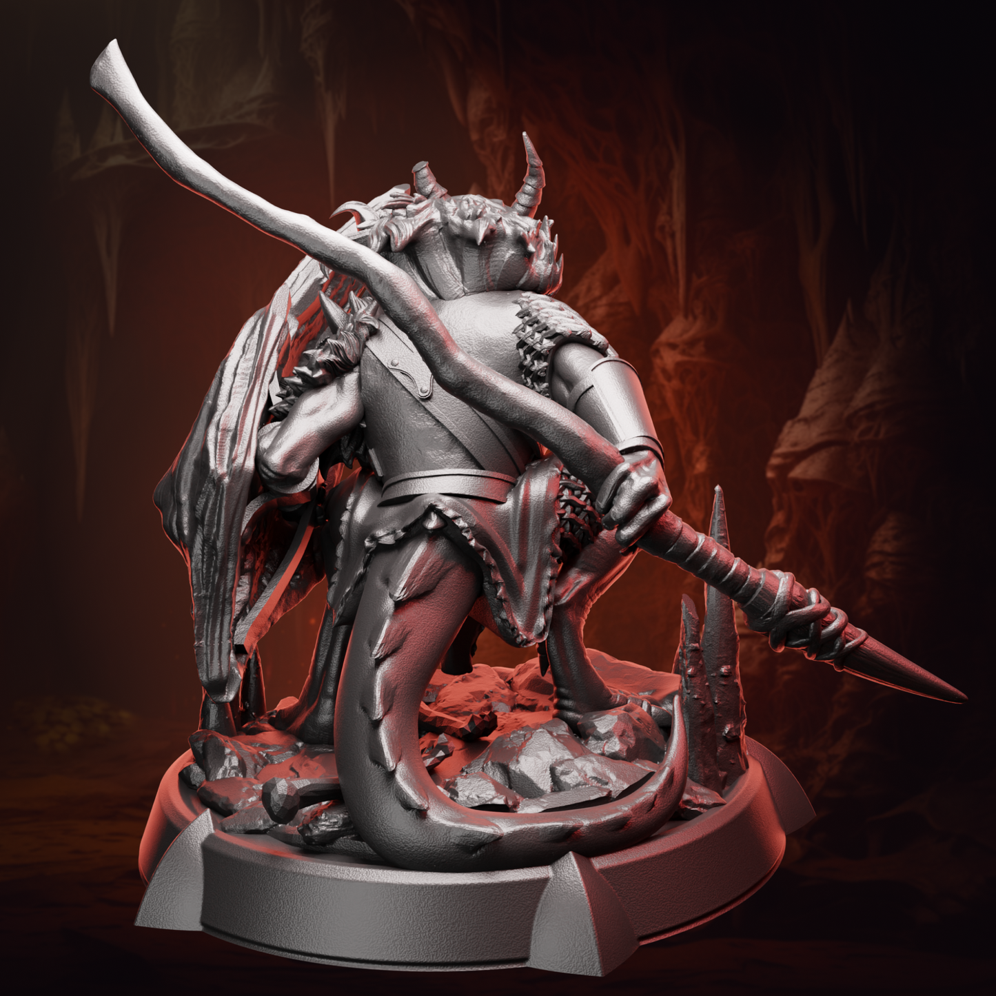 Back view of Kobold Warrior miniature highlighting shield texture and tail sculpt details.