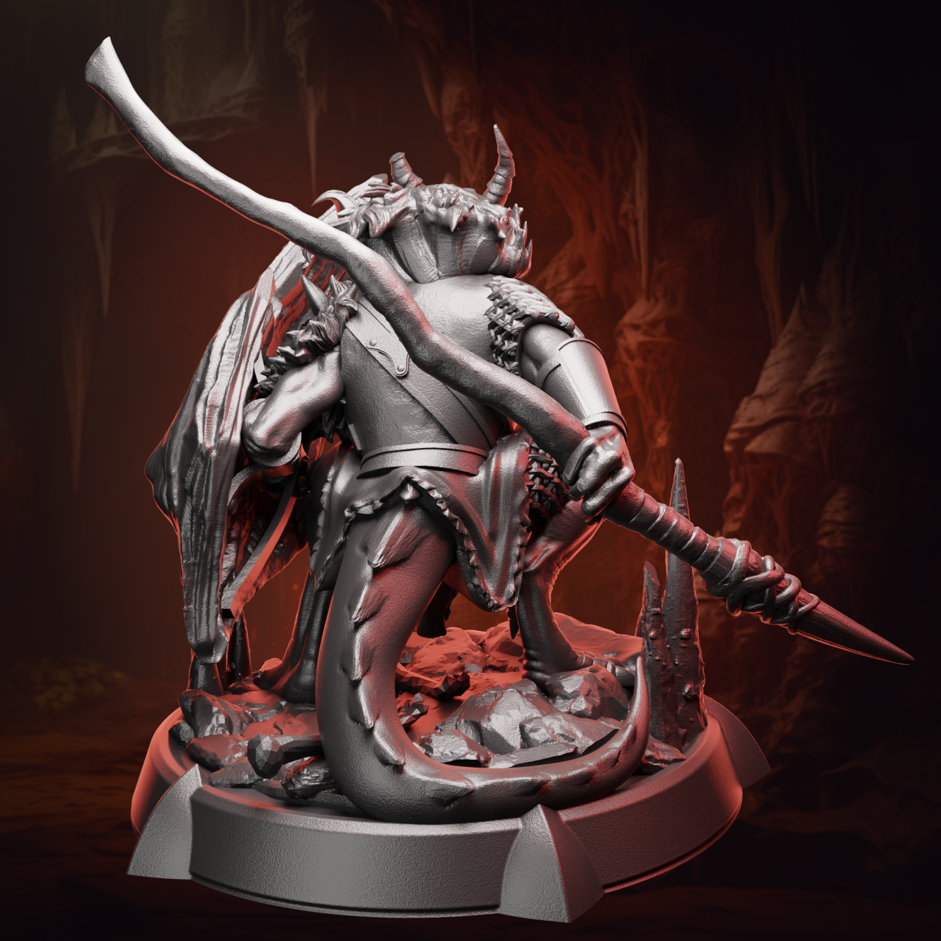 Back view of Kobold Warrior miniature highlighting shield texture and tail sculpt details.