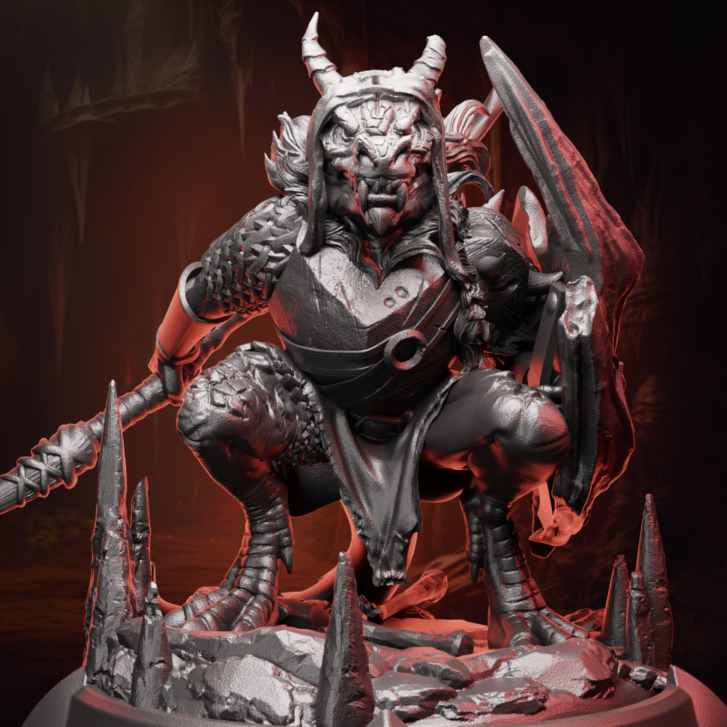 Kobold Warrior miniature wielding a spear and shield, posed in a defensive stance for tabletop battles in D&D 5e.