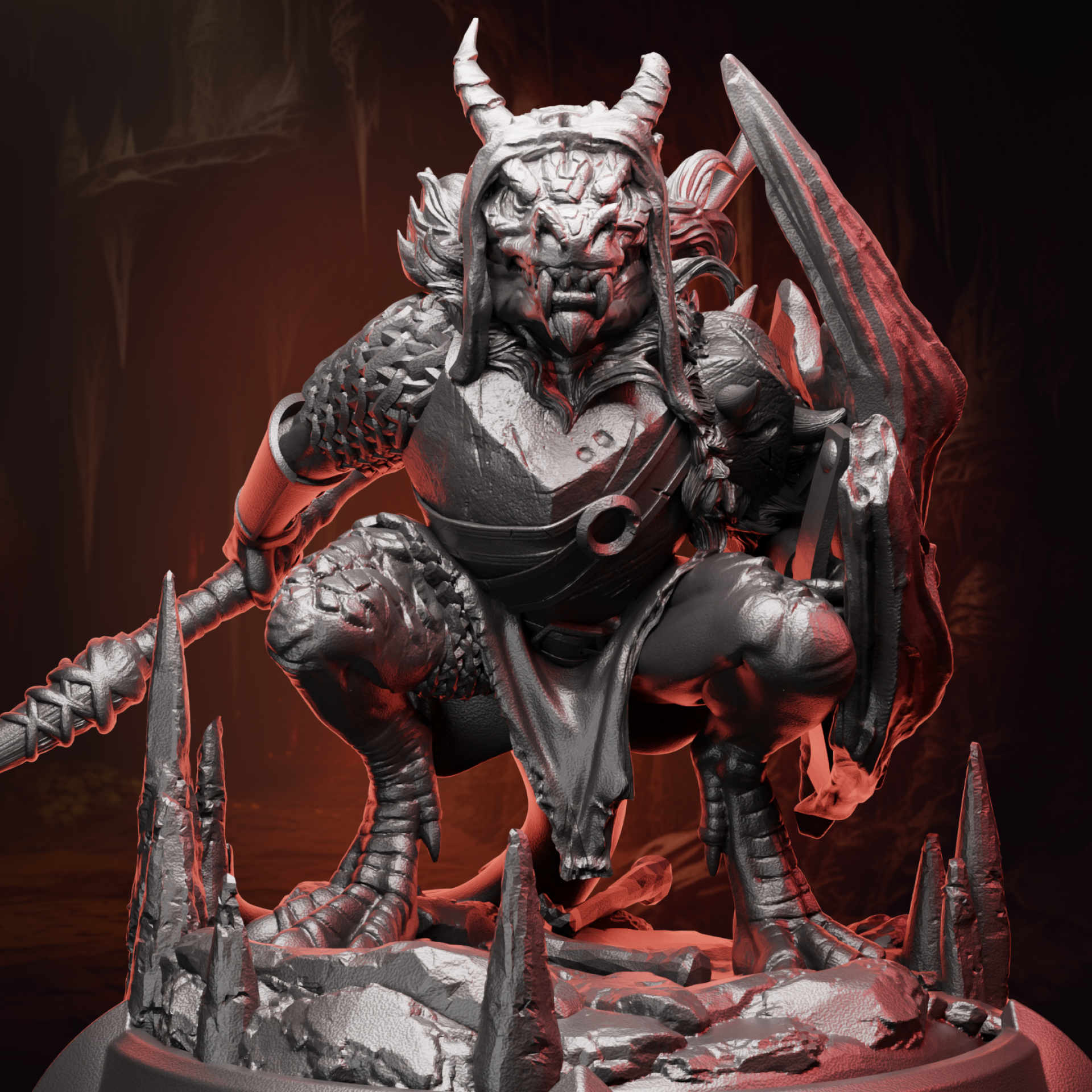 Kobold Warrior miniature wielding a spear and shield, posed in a defensive stance for tabletop battles in D&D 5e.