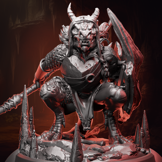 Kobold Warrior miniature wielding a spear and shield, posed in a defensive stance for tabletop battles in D&D 5e.