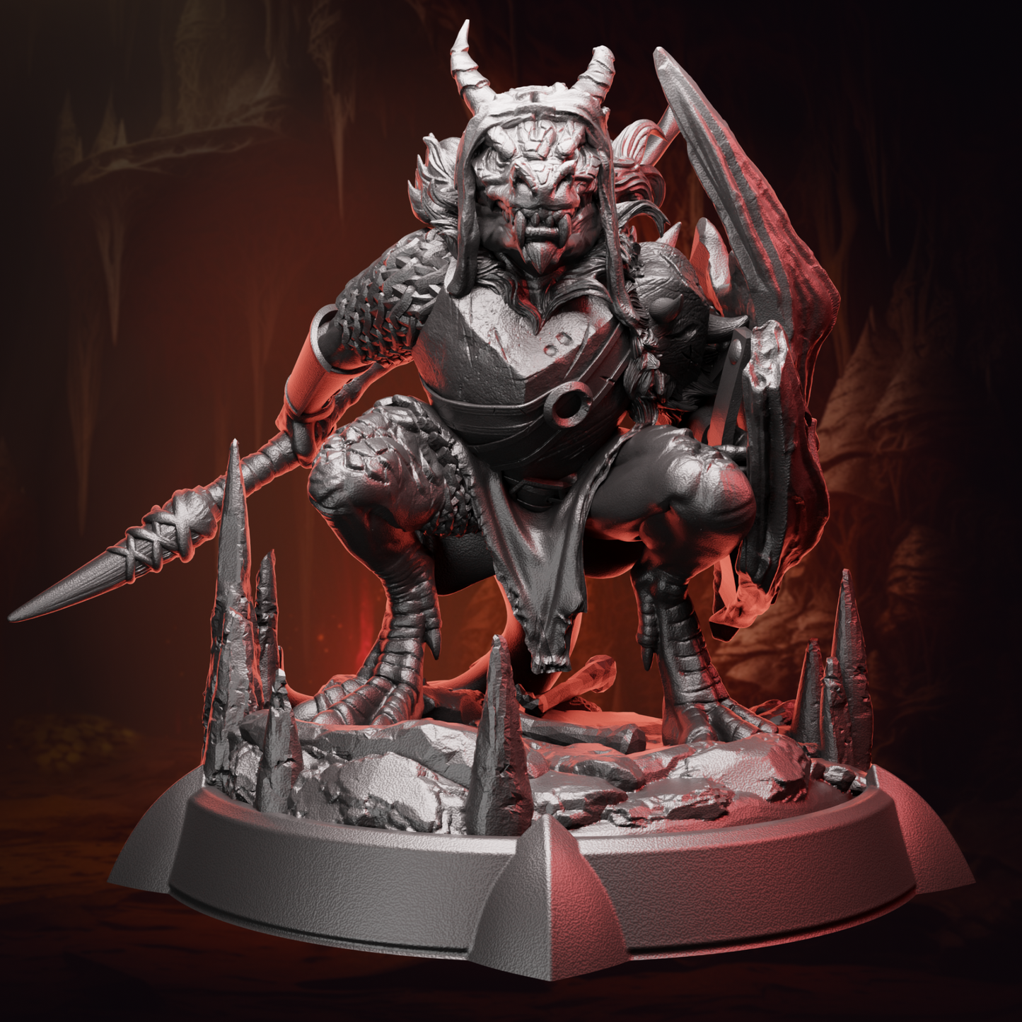 Front view of Kobold Warrior miniature showing detailed armor, scales, and spear positioning.
