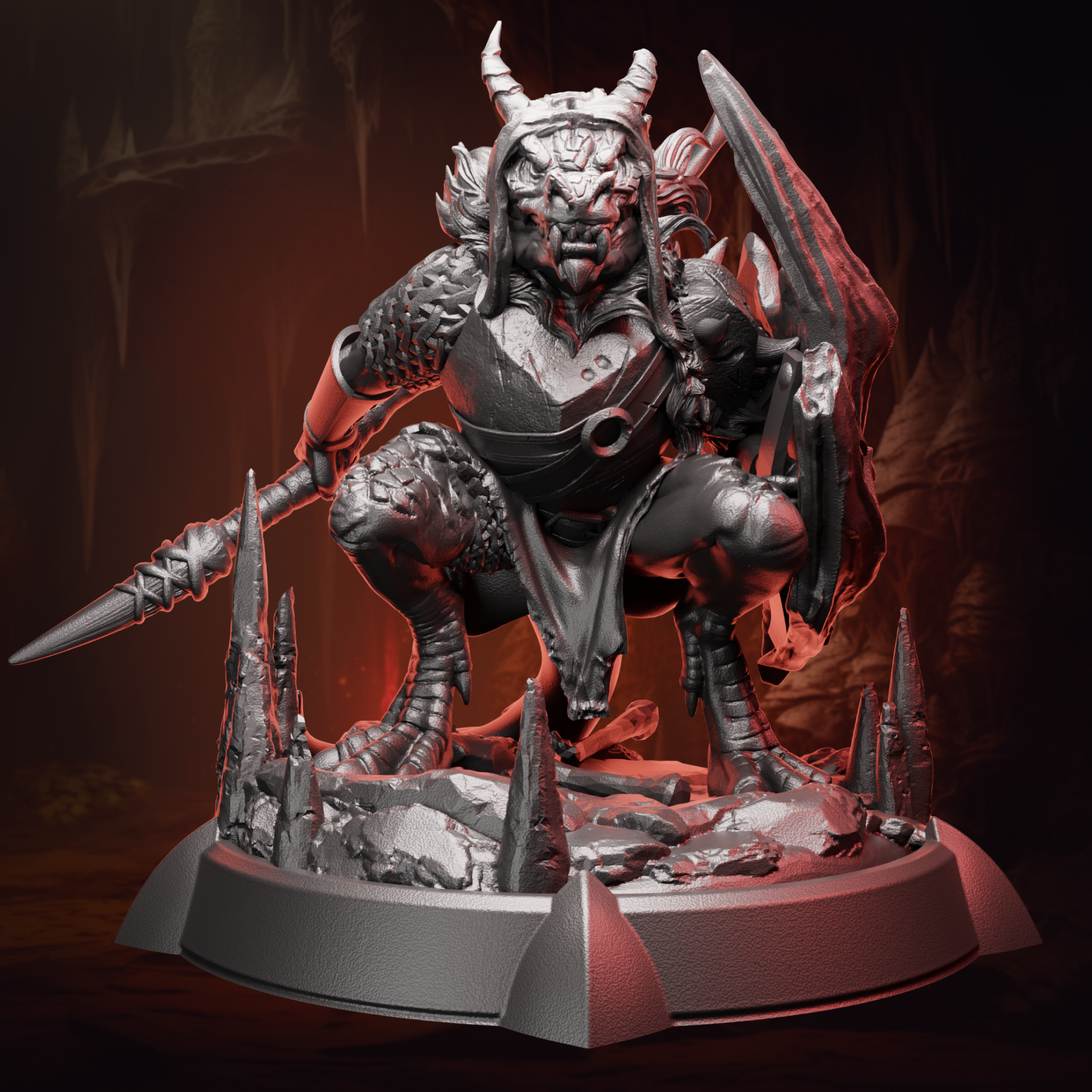 Front view of Kobold Warrior miniature showing detailed armor, scales, and spear positioning.
