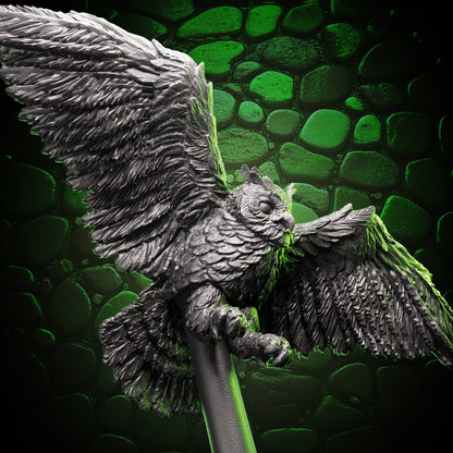 Dynamic angle of Owl Familiar miniature mid-flight, ideal as a magical companion for TTRPGs.