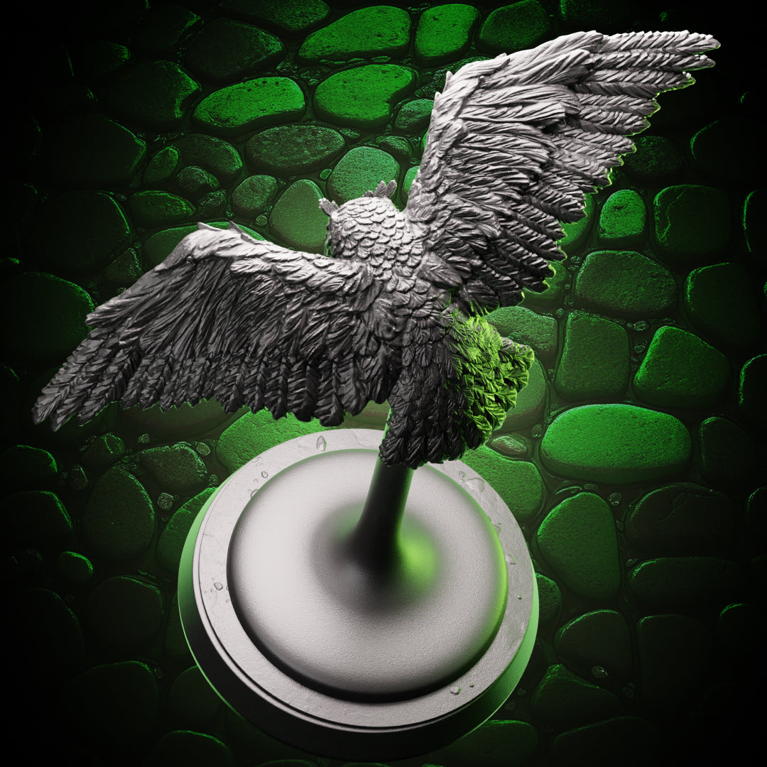 Back view of Owl Familiar miniature highlighting wingspan and feather texture for tabletop play.
