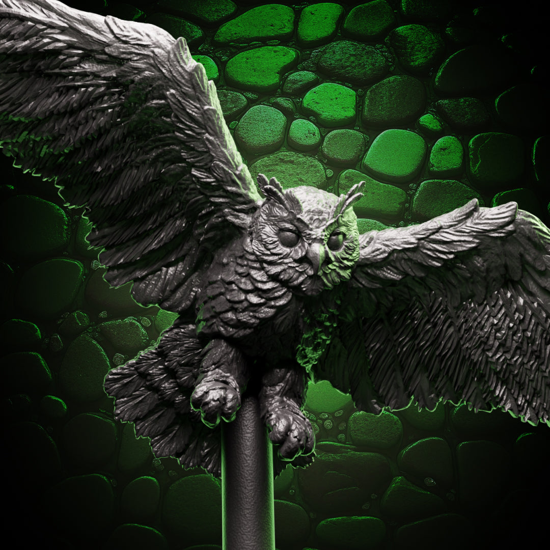 Close-up of owl familiar miniature with detailed feathers and outstretched wings – fantasy RPG resin mini