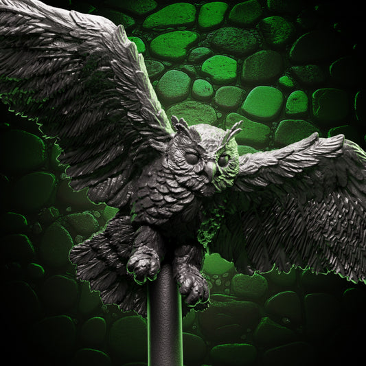 Close-up of owl familiar miniature with detailed feathers and outstretched wings – fantasy RPG resin mini