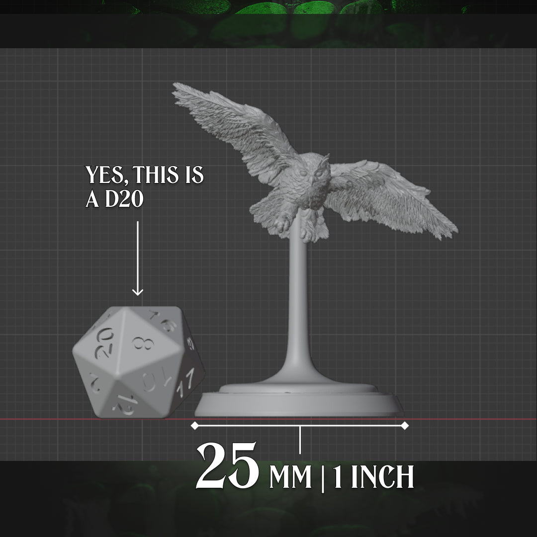 Owl Familiar miniature on 25mm base shown next to a D20 for size reference.