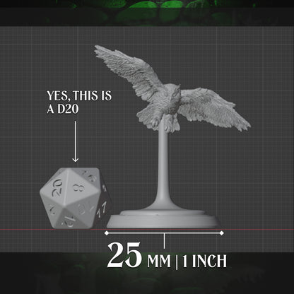 Owl Familiar miniature on 25mm base shown next to a D20 for size reference.
