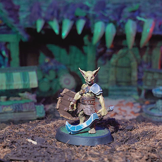 360-degree view of painted Goblin Fighter miniature with dynamic pose, detailed armor, and expressive goblin features.