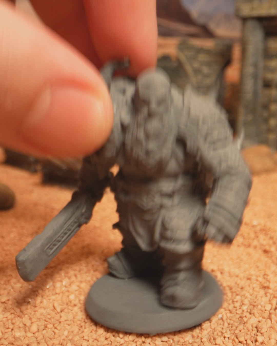 360-degree turntable video of a 32mm Dwarf Fighter miniature showcasing full armor detail, rune-inscribed greatsword, and rugged dwarven features from all angles.