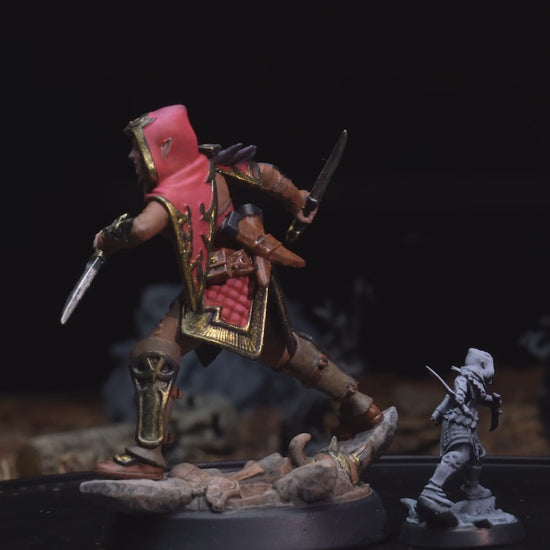360° animation of Female Elf Rogue miniature showcasing full detail of dual-wielding pose, hooded cloak, and light armor design. | Helios Tabletop