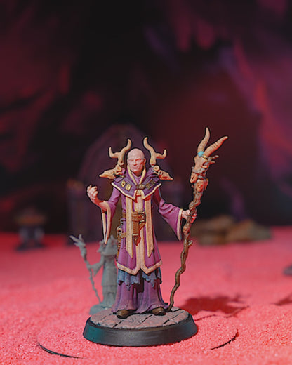 360° turntable animation of Human Warlock miniature showcasing sculpted robes, horned staff, and arcane design from all angles. | Helios Tabletop