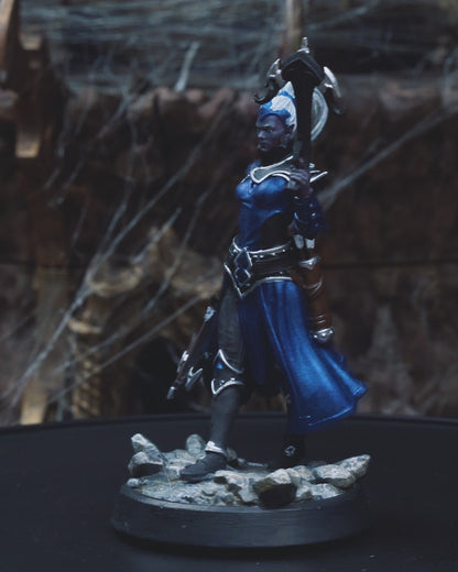 360-degree turntable video of the Elf Ranger miniature, showcasing her dual crossbows, armor detailing, and dynamic pose from all angles.