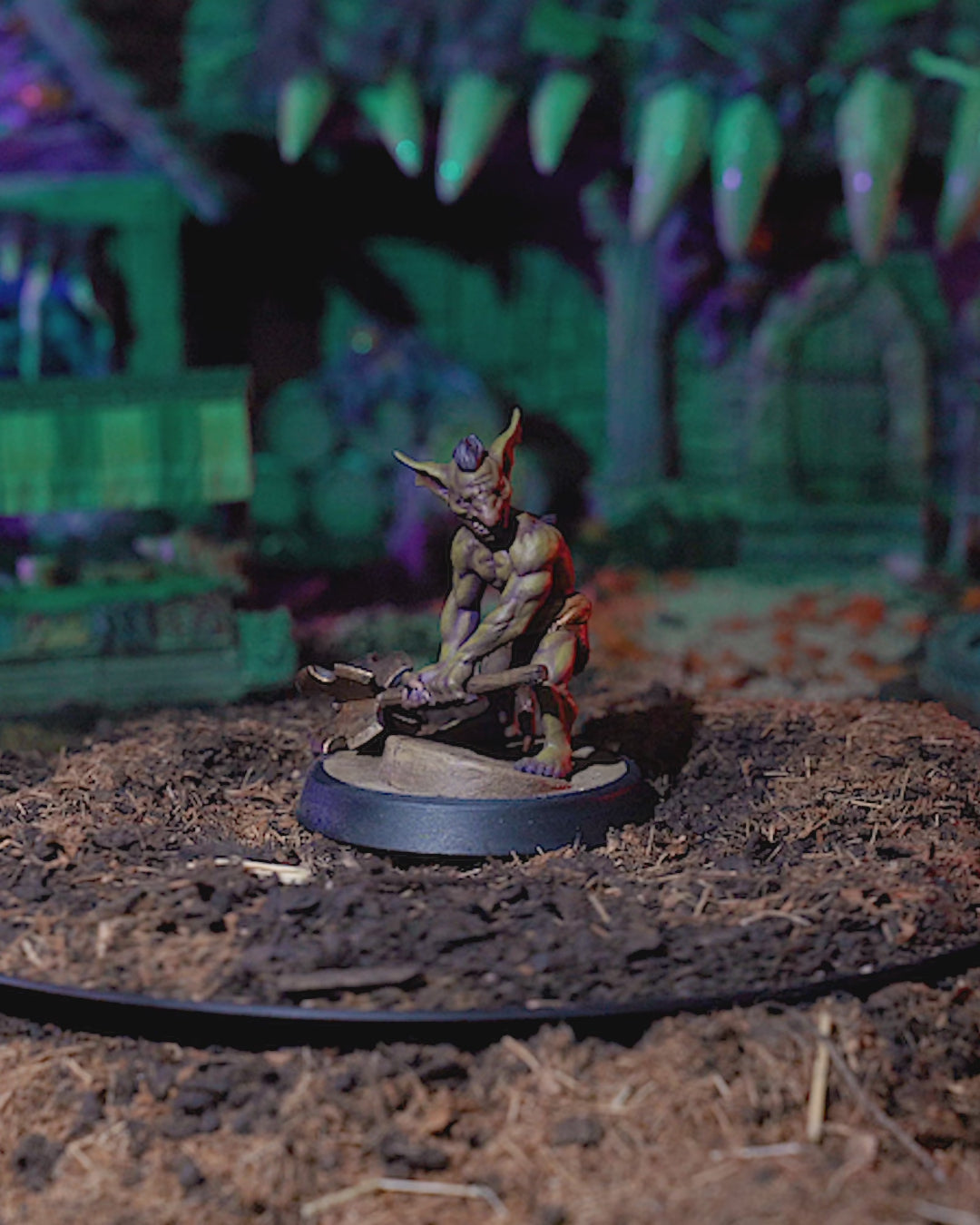 360-degree view of painted Goblin Fighter miniature with attack pose, crude mace, and loincloth