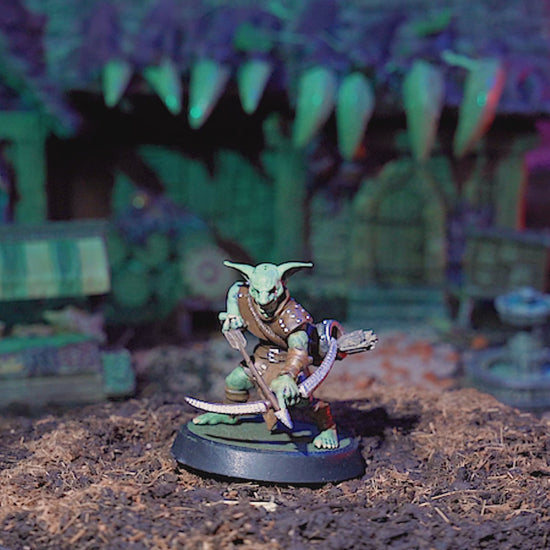 360-degree view of painted Goblin Archer miniature with bow, and expressive goblin features.
