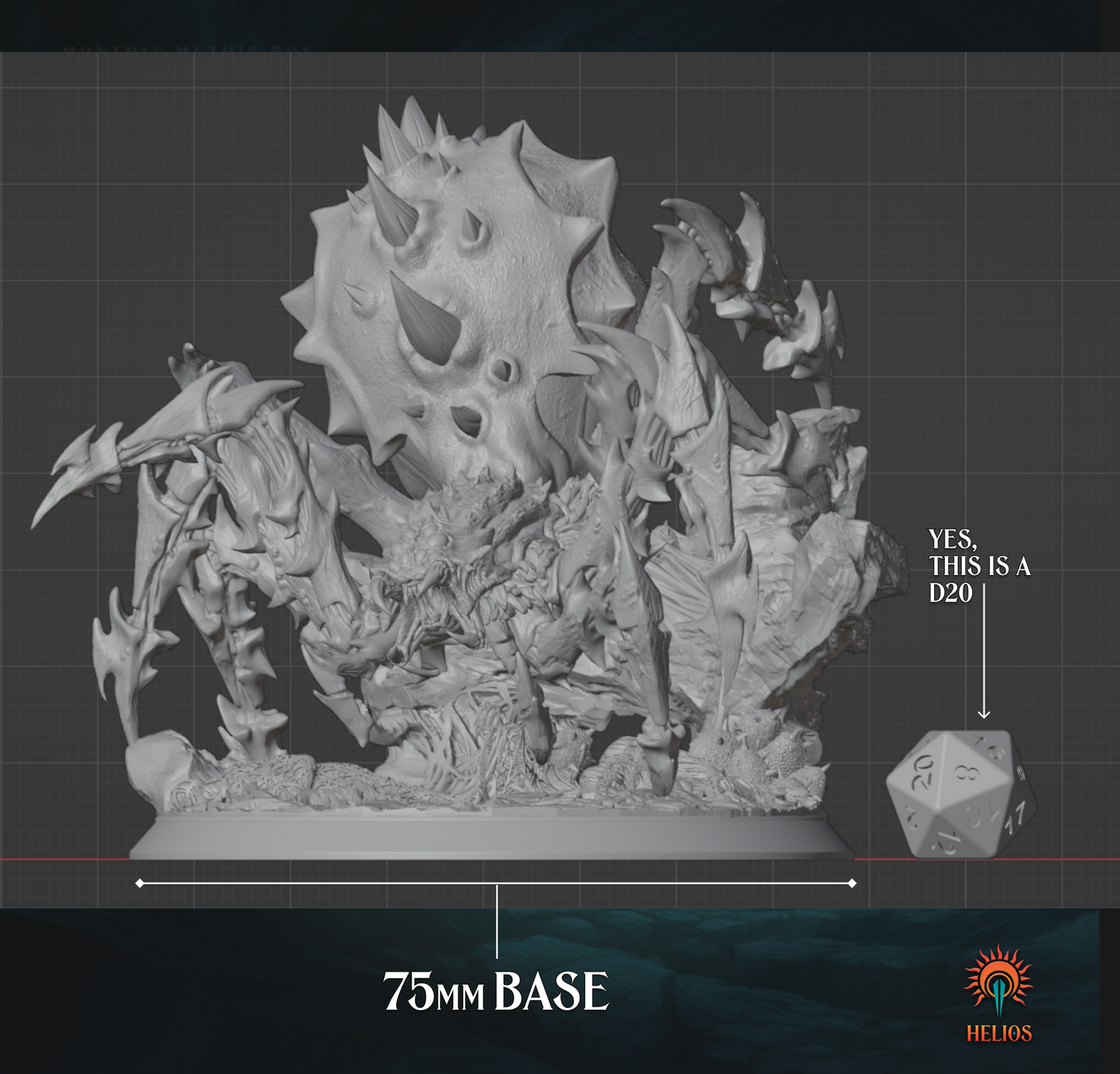Unpainted Spider Colossus miniature on 75mm base shown with D20 dice for scale, 5e compatible