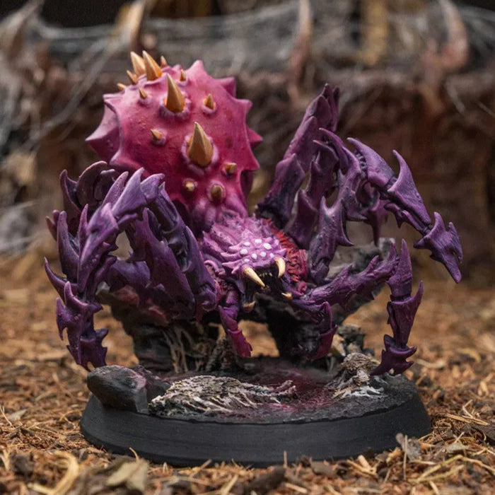 Frontal view of painted Spider Colossus resin model on 3-inch base for tabletop RPGs