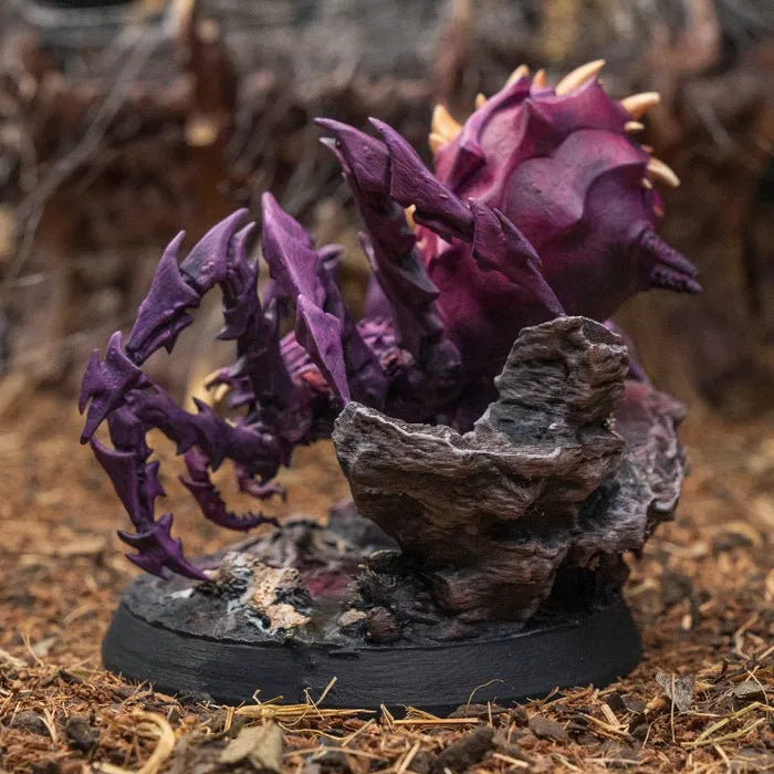 Back view of painted Spider Colossus resin miniature on scenic base for tabletop RPG encounters