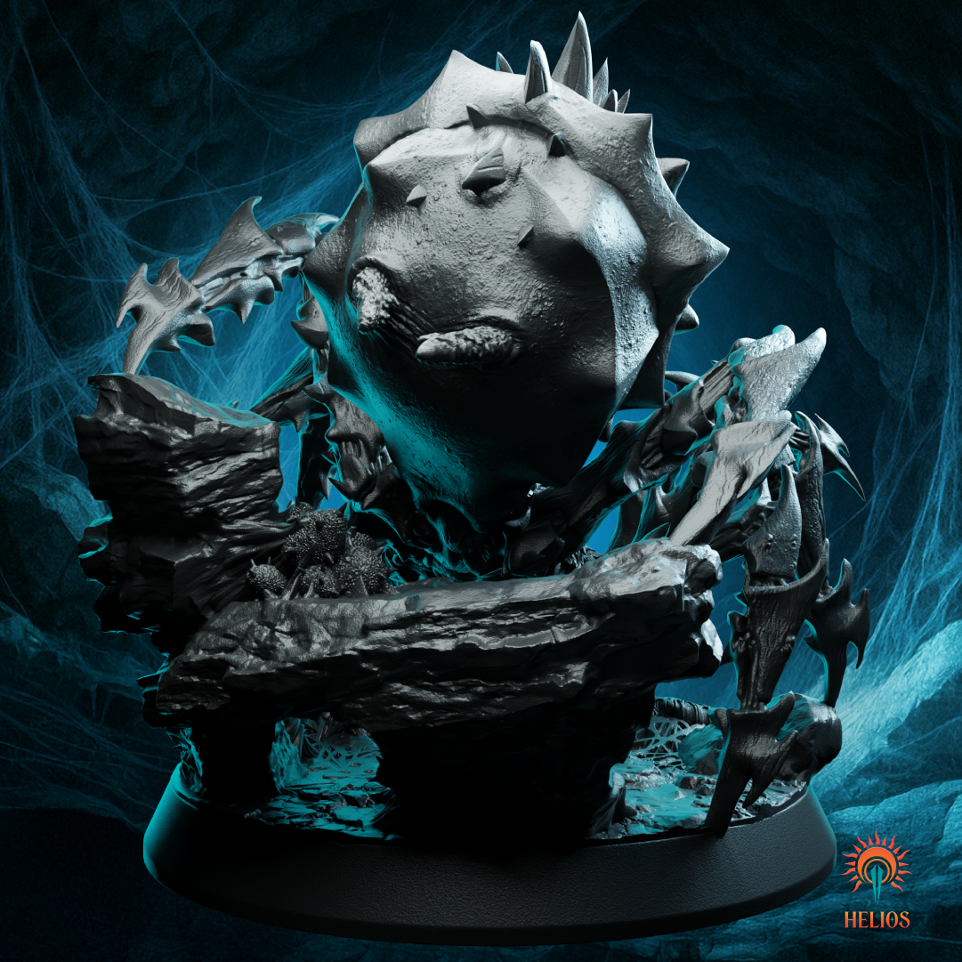 Back view of Spider Colossus miniature highlighting sculpted abdomen, spiked legs, and intricate 3D detail. Helios Tabletop