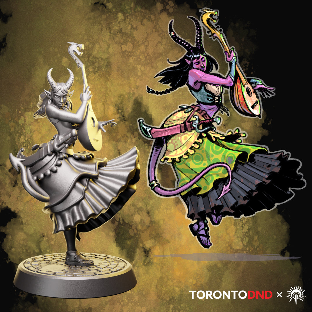 Comparison image showing the tiefling bard tabletop miniature beside the original character artwork, illustrating how the sculpt translates the illustrated design.