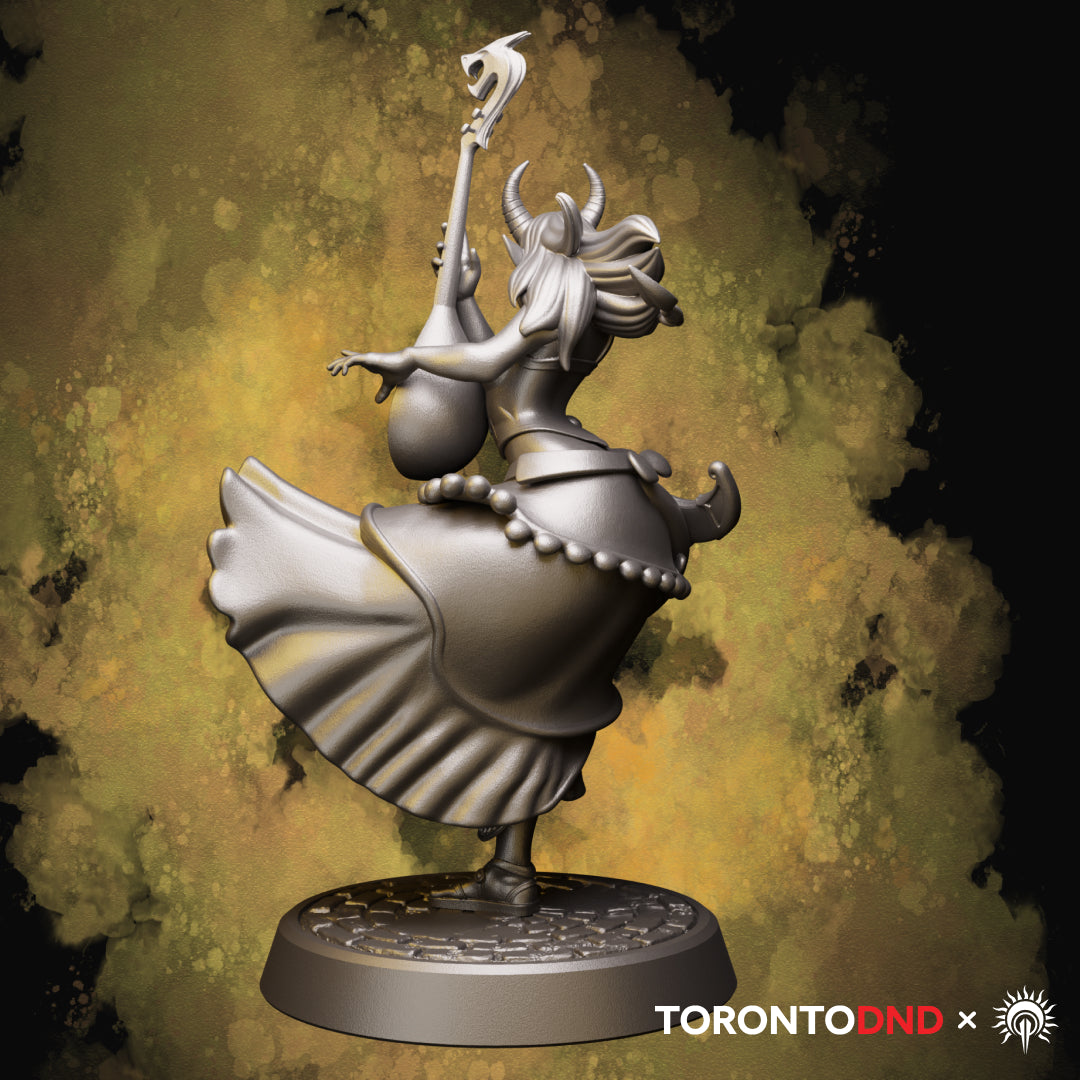 Rear view of a tiefling bard miniature revealing braided hair, tail detail, and the back of the instrument and dress.