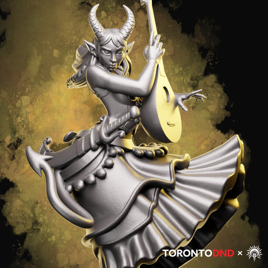 Tiefling bard miniature posed mid-performance, holding a stringed instrument with flowing skirt and dramatic motion on a 25mm base.