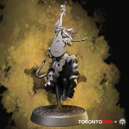 Left side view of a tiefling bard miniature showing layered fabric movement, extended arm pose, and instrument angle.