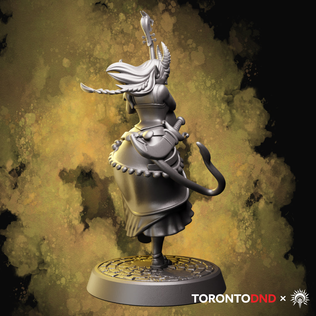 Right side view of a tiefling bard miniature highlighting the flowing skirt, tail movement, and dynamic playing stance.