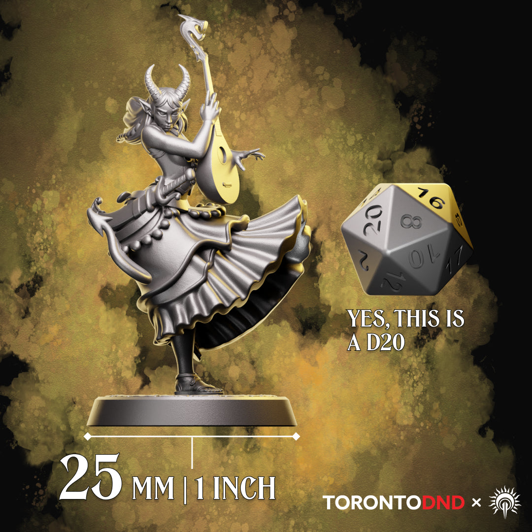 Tiefling bard tabletop miniature shown beside a twenty-sided die to demonstrate scale on a standard 25mm base.