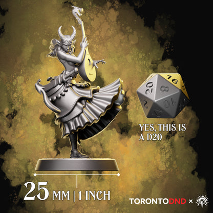 Tiefling bard tabletop miniature shown beside a twenty-sided die to demonstrate scale on a standard 25mm base.