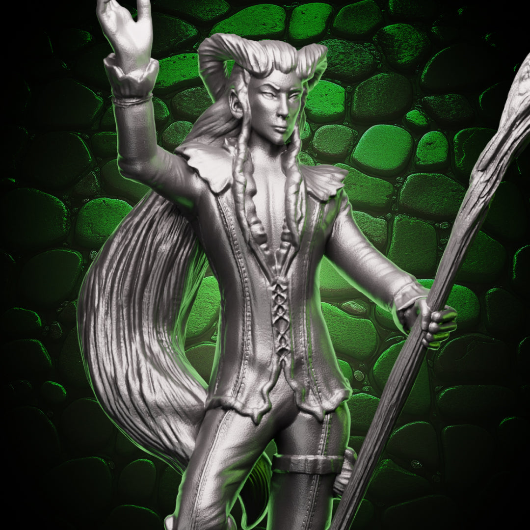 Tiefling sorcerer holding a staff in a spellcasting pose, horned fantasy character for D&D and Pathfinder tabletop games