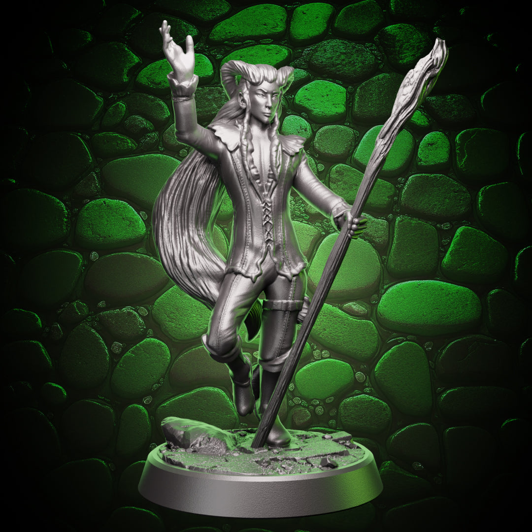 Front view of tiefling sorcerer holding a staff with one hand raised, detailed horns, clothing folds, and casting pose