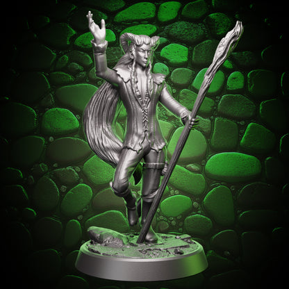 Front view of tiefling sorcerer holding a staff with one hand raised, detailed horns, clothing folds, and casting pose