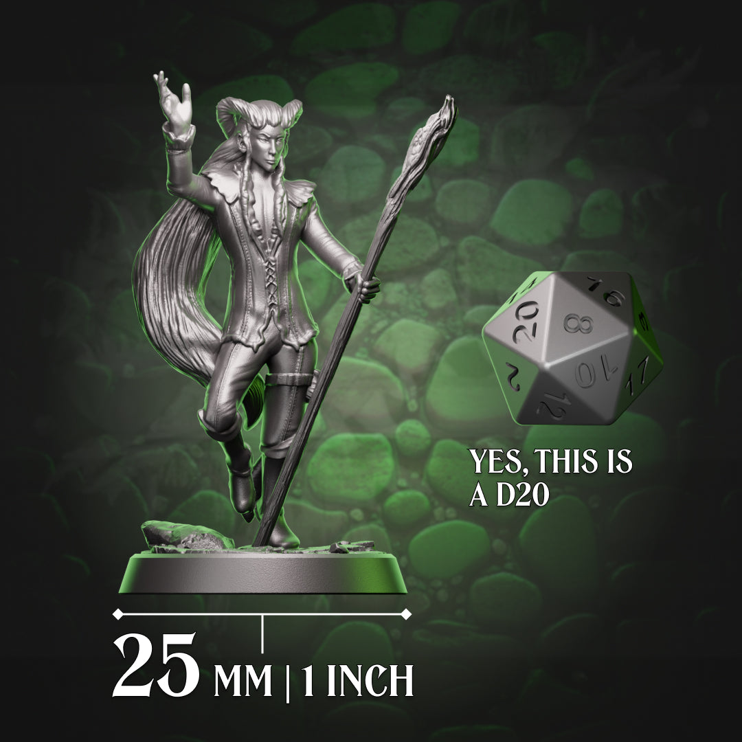 Tiefling sorcerer with staff beside a D20 for 25mm scale reference, compatible with D&D and Pathfinder grids