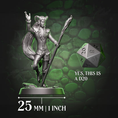 Tiefling sorcerer with staff beside a D20 for 25mm scale reference, compatible with D&D and Pathfinder grids