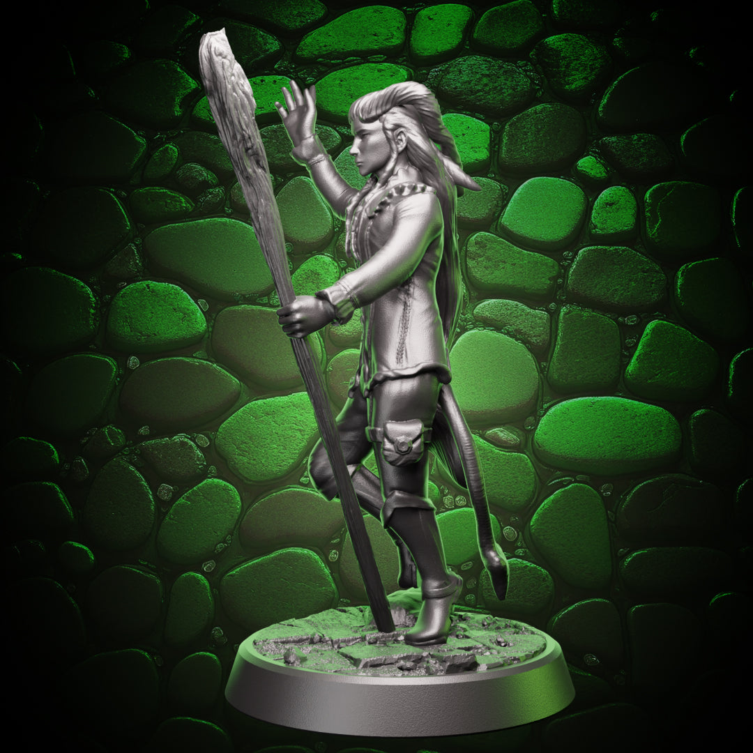 Side view of tiefling sorcerer figure staff pose showing horn curve, long hair flow, tail shape, and staff texture