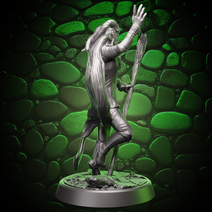 Alternate side angle of tiefling sorcerer with staff, balanced stance and clean surface detail for painting