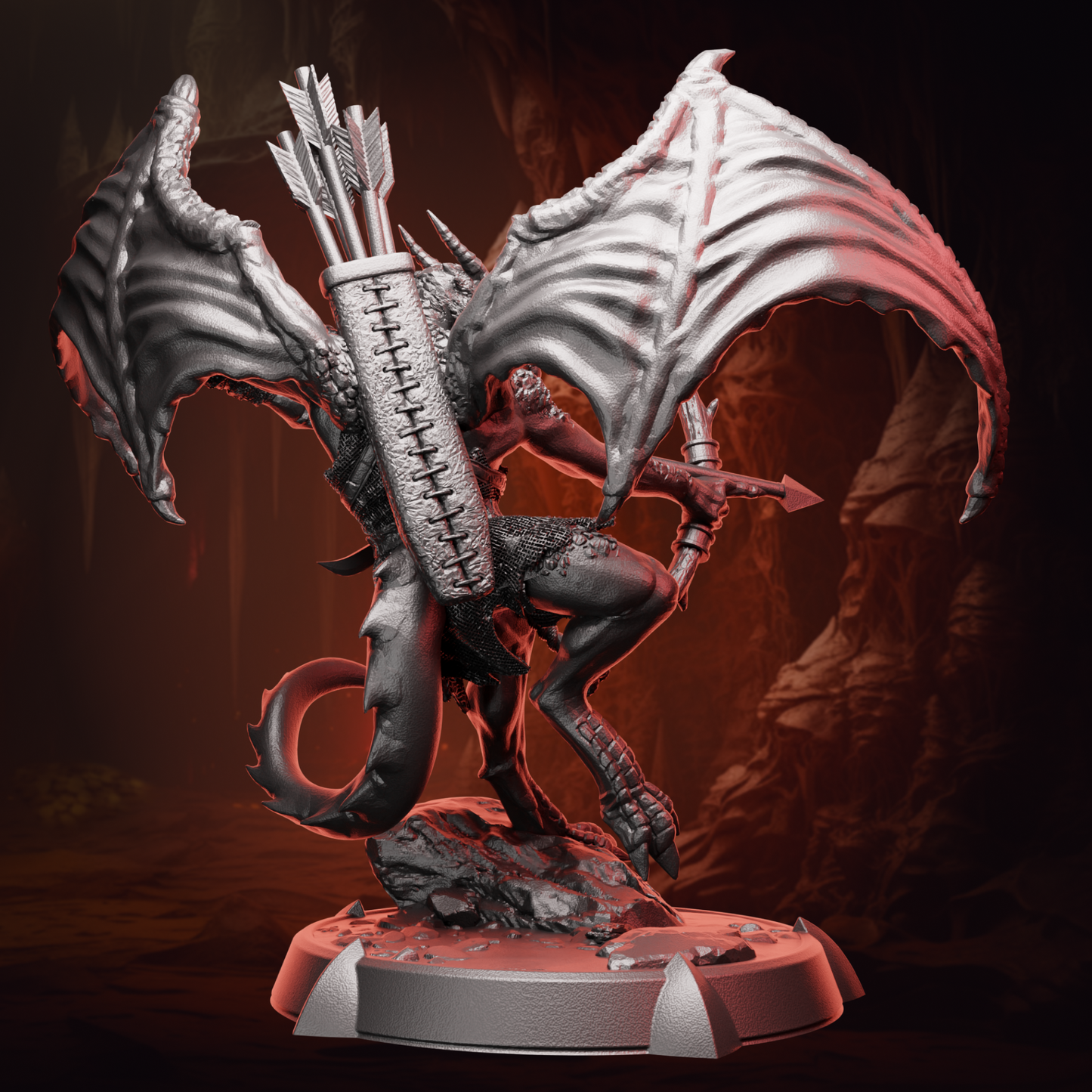 Rear view of Winged Kobold Archer miniature highlighting arrow quiver and tail design.