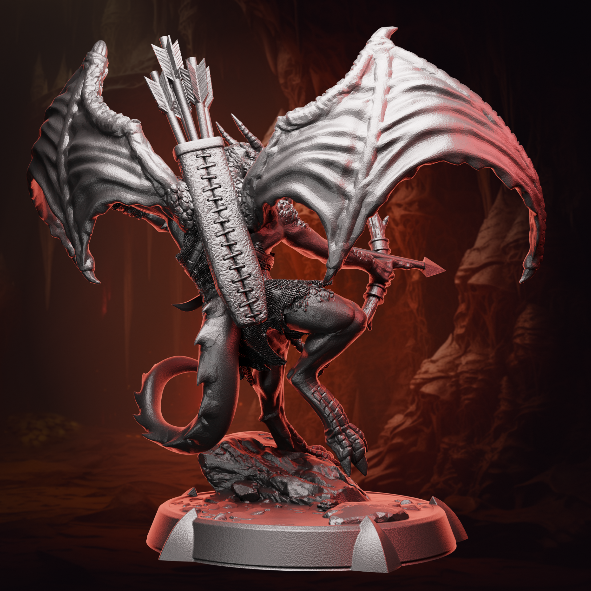 Rear view of Winged Kobold Archer miniature highlighting arrow quiver and tail design.